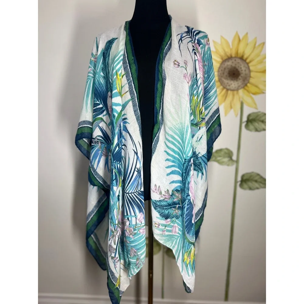 Vince Camuto Tropical Palm Print Kimono Wrap Blue Green Beach Cover Up O/S